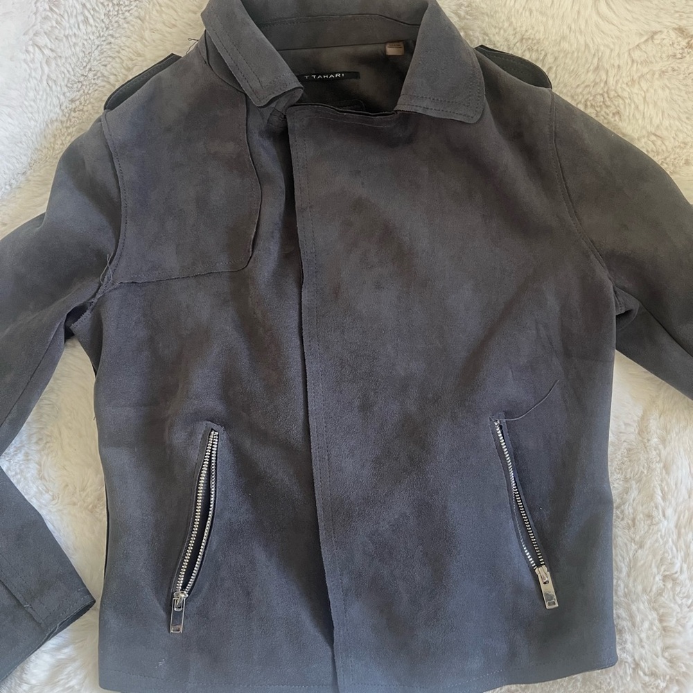 T Tahari Charcoal Suede Jacket with Zipper Details